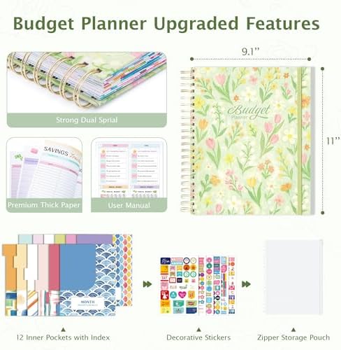 Ospelelf Budget Planner and Monthly Bill Organizer, Spiral Bindding Money Expense Tracker with Pockets & Stickers, 9" X 11" Large Pages for Spacious Writing, Original Fun Colorful Design, 12 Month Financial Notebook Green Floral - Image 2