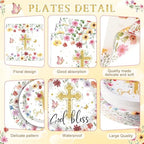 400 Pcs God Bless Flower Baptism Party Decoration Girl for 50, First Communion Confirmation Paper Plates Napkins Cups Cutlery Baptism Tableware for Christening Baby Shower Party Supply - Image 2