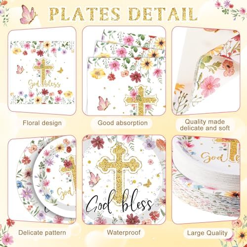 400 Pcs God Bless Flower Baptism Party Decoration Girl for 50, First Communion Confirmation Paper Plates Napkins Cups Cutlery Baptism Tableware for Christening Baby Shower Party Supply - Image 2