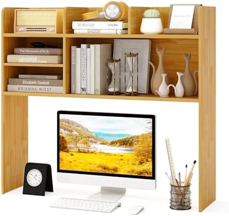 GOFLAME 6 Shelves Desktop Bookshelf, 37” Desk Hutch Dorm for Computer Monitor Up to 32”, 3-Tier Countertop Display Rack, Wood Desk Storage Organizer Shelf for Home Office, Study, Burlywood by GOFLAME