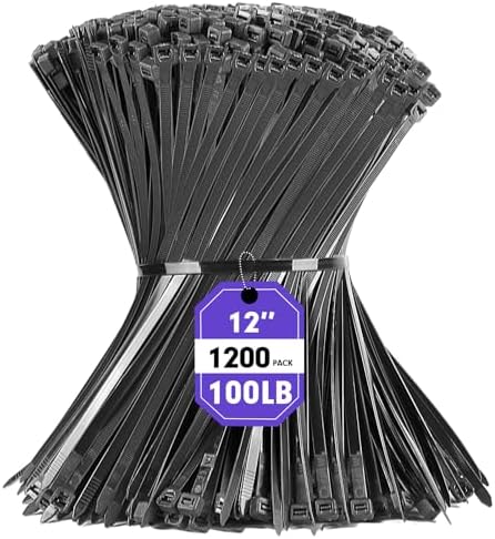 Zip Ties, RAZCC 1200pcs Black Cable Zip Ties 12 Inch, Heavy Duty Plastic Wire Ties with 100lb Tensile Strength, Self-Locking Black Nylon Tie Wraps for Indoor and Outdoor by RAZCC