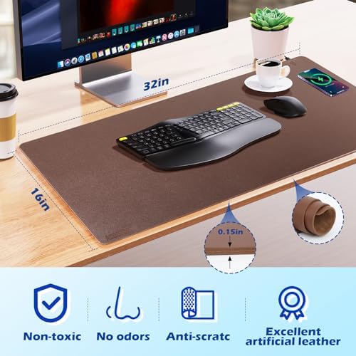 Wireless Charging Desk Mat, Mouse Pad, Brown-R, 32 * 16inch - Image 2
