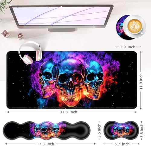 Large Keyboard Mouse Pad Set, Extended Mouse Pad+Keyboard Wrist Rest Support, Memory Foam Ergonomic Easy Typing, 4Pcs (31.5×11.8 in) Desk Pad Set for Office Home,Smoke Skulls - Image 6