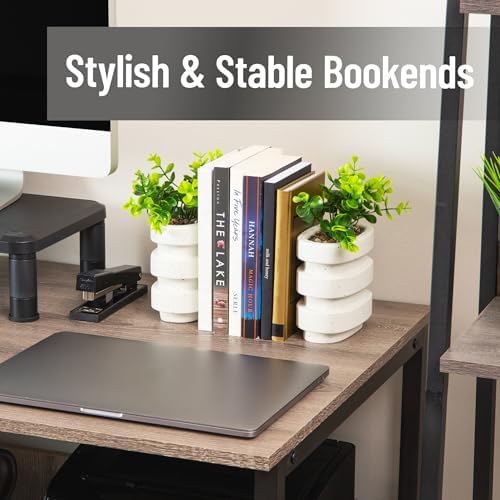 Mind Reader Ribbed Cement Planter Bookends, Faux Greenery for Shelves and Desk Decor, Set of 2, White - Image 2