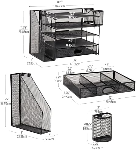 Mind Reader Mesh Desk Organizer, 4 Trays, 1 Drawer, File Holder, 2 Pen Cups, Office Desktop Organizer, Metal Mesh, Black - Image 3