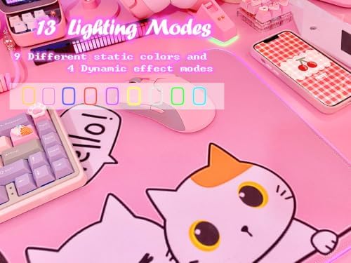JMIYAV Pink Kawaii Cat RGB Gaming Mouse Pad 31.5x12 Inch PC XL Large Extended Glowing Led Light Up Cool Mouse pad Desk Pad Non-Slip Rubber Computer Mouse Mat Cute Mousepad 31.5x12 Inch - Image 3