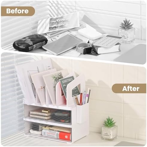 LALOBLUE Acrylic Desk Organizer with Drawer and Vertical File Holder, Desk Organizers and Accessories, Multi-Functional Office Supplies Organizer for Home or Work Desk, White - Image 5