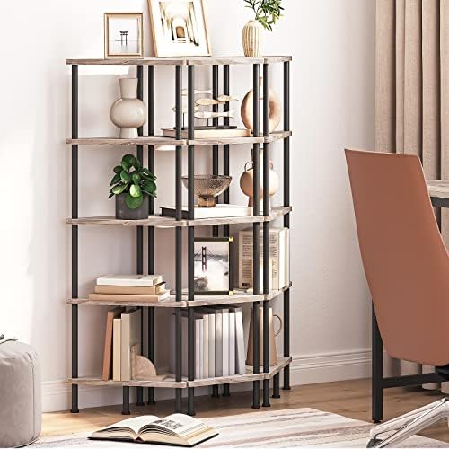 HOOBRO Corner Shelf Stand, Industrial 5-Tier Corner Bookshelf with Metal Frame, Corner Shelf Stand Display Plant Flower, Corner Bookcase for Small Spaces, Living Room, Greige and Black BG33CJ01 - Image 5