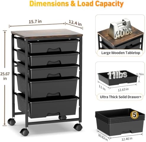 SUNALLY Rolling Carts with 5 Drawers, Storage Drawer Carts for Craft, Black - Image 2