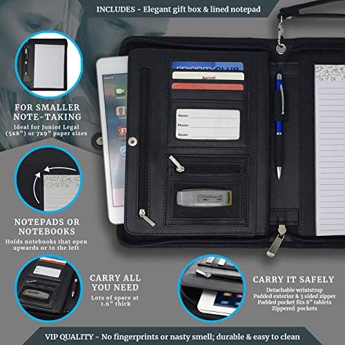 Customized Black Zippered Portfolio Binder with Junior Legal 5x8 Notepad - Engraved PU Leather Business Padfolio Organizer Folder with 8" Tablet Sleeve & Gift Box by Lautus Designs - Image 2
