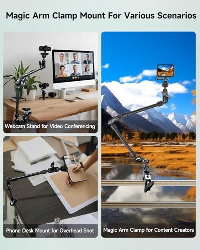 22" Magic Arm w Clamp, Overhead Phone Mount, Desk Camera Mount w Articulating Friction Boom Arm Thread Adapter, for Phone Video Light Webcam Microphone Action Camera Content Creators - Image 2
