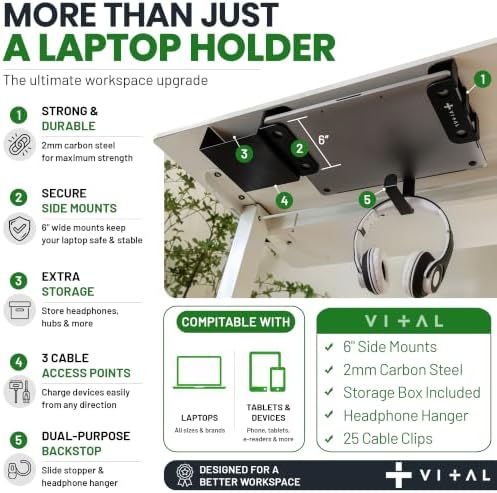 VI+AL Under Desk Laptop Mount - Hidden Metal Shelf with Side Storage, Hook & Cable Organizer - Installs with Tape & Screws - Fits Devices up to 1.7" Thick - Deluxe - Image 3