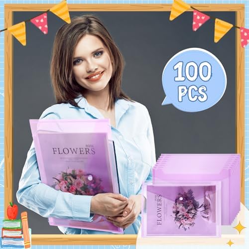 MotiMind 100 Pcs Clear Envelopes with Snap Button Closure Bulk A4 Letter Size Clear Plastic Envelope Folder Document Organizer File Folders for Office Home (Purple) - Image 5