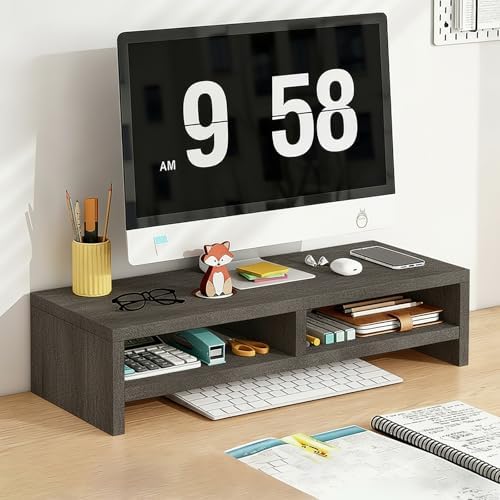 Solid Wood Monitor Stand Riser & Laptop Stand Desk Organizer - Office Accessories for PC Workspace, Computer Organization, Countertop Hutch Dark Grey Log 19.7x7.9x5.2in with divider by Unknown
