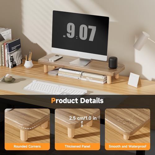 Monitor Stand Riser, 24 Inch Wood Desk Organizer with Monitor Stand & Storage Computer Monitor and Laptop Riser Multifunctional Laptop Stand Desk Organizer for Office Home Screen/Laptop/PC -Light Walnut - Image 2