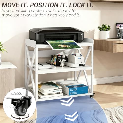Extra Long Printer Stand with Baffles, 31.5" W x 17.7" D Printer Cart,White - Image 6