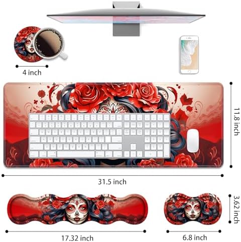 4 in 1 Ergonomic Keyboard Wrist Rest & Mouse Pad Wrist Rest Set, Large XXL Gaming Desk Mat 31.5"x 11.8" with Non-Slip Base, Memory Foam for Home Office Study Gaming, Sugar Skull Girl Roses - Image 2