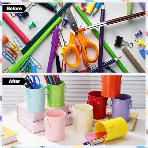 8 Pack Metal Pen Holder Colorful Pencil Bucket with Handle Pencil Holders Desktop Pencil Cups Round Makeup Brush Storage Organizers Crayon Organizer for Desk Office Classroom Home School - Image 4