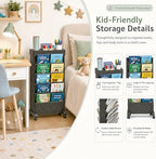 6-Tier Rolling Bookshelf Magazine Rack with Wheels Black - Image 5