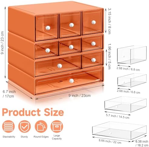 Desk Organizer with 9 Drawers, 4 Tiers Stackable Storage Drawers, Desktop Storage Box with Clear Drawers for Stationery, Makeup, Jewelry, Office and Craft Supplies (Orange) - Image 3