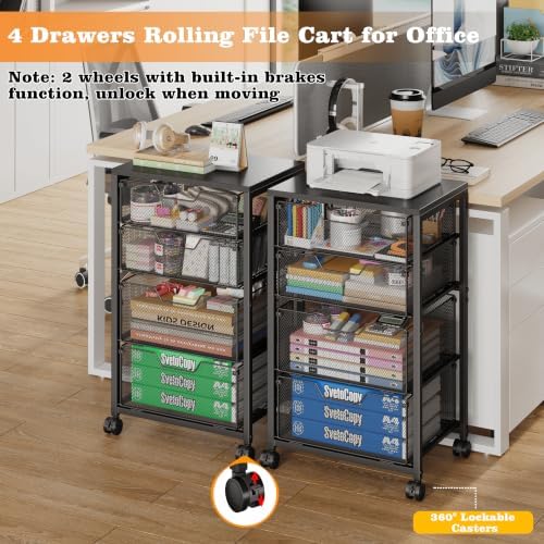 Sbanmao 4 Drawers Rolling File Cart with Wheels, Mobile File Cabinet, Black - Image 3