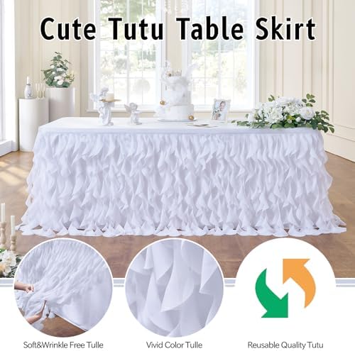 leegleri 14FT White Tutu Table Skirt for Rectangle&Round Tables-Tulle Curly Willow Table Skirt Decorations, White Ruffle Tablecloth for Wedding Bridal Shower Birthday Party Decorations - Image 3
