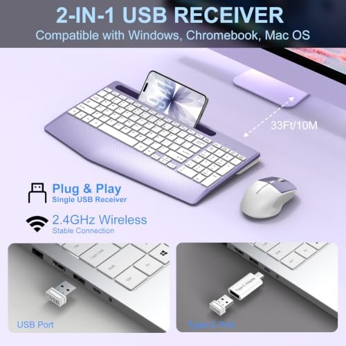 Rechargeable Silent Wireless Keyboard and Mouse Combo, Ergonomic Wrist Rest & Phone Tablet Holder, USB-C Adapter Included, 2.4G Lag-Free Cordless Set for Windows Mac Laptop PC Home Office (Purple) - Image 4