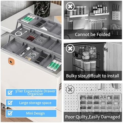 3-Tier Expandable Drawer Organizer, Multi-Level Collapsible Desk & Kitchen Gadget Organizer, Grey - Image 4