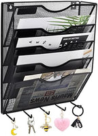 EASEPRES 5 Pocket Mesh Hanging File Organizer with Key Holder Hooks & Nametag Label, Wall Mounted Mail Paper Document Folder Clipboard Storage Organization Magazine Rack for Office Cubicle, Black by EASEPRES
