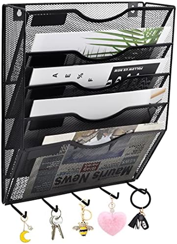 EASEPRES 5 Pocket Mesh Hanging File Organizer with Key Holder Hooks & Nametag Label, Wall Mounted Mail Paper Document Folder Clipboard Storage Organization Magazine Rack for Office Cubicle, Black by EASEPRES