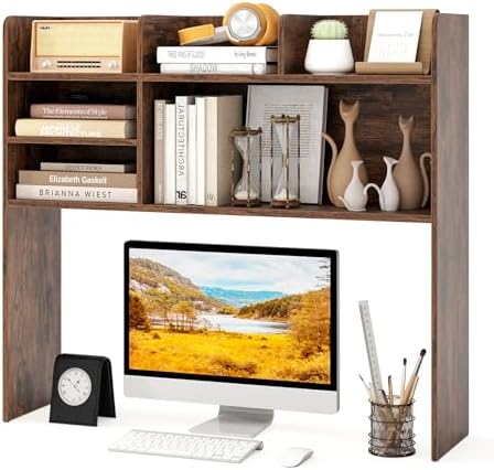 GOFLAME 6 Shelves Desktop Bookshelf, 37” Desk Hutch Dorm for Computer Monitor Up to 32”, 3-Tier Countertop Display Rack, Wood Desk Storage Organizer Shelf for Home Office, Study, Rustic Brown by GOFLAME