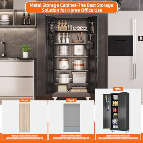 SUXXAN 71" Metal Garage Storage Cabinet with Wheels,Pegboard,Lock,5 Shelves - Image 6