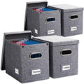 PRANDOM File Organizer Box - Set of 4 Collapsible Decorative Linen Filing Storage Hanging File Folders with Lids Office Cabinet Letter Size Grey (14x9.3x10.8 inch) by Prandom