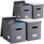PRANDOM File Organizer Box - Set of 4 Collapsible Decorative Linen Filing Storage Hanging File Folders with Lids Office Cabinet Letter Size Grey (14x9.3x10.8 inch) by Prandom