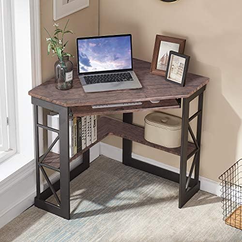 VECELO Corner Computer Desk 41 x 30 inches with Smooth Keyboard & Storage Shelves for Home Office Workstation,Rustic Brown - Image 2
