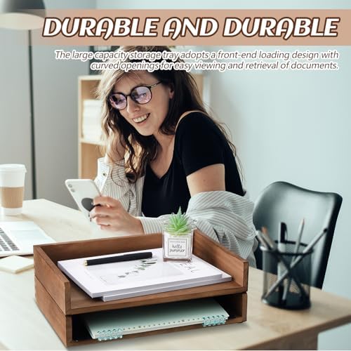 Yeaqee 4 Pcs Stackable Organizer Tray Wood Desk Organizer, Dark Wood Color - Image 6