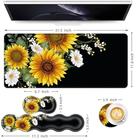 Keyboard Mouse Pad Set, Extended Gaming Mouse Pad+Ergonomics Keyboard Wrist Rest Support, Memory Foam, Easy Typing Pain Relief, 4Pcs XL Ultra Thick Desk Mat,Sunflowers Floral Patterns - Image 6