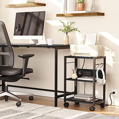 MAHANCRIS Industrial Printer Cart, 3-Tier Mobile Printer Stand, Rolling Cart with Power Outlets and USB Ports, Home Printer Stand with 2 Hooks, for Office, Living Room, Black PTHB40E01 - Image 3