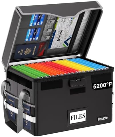 DocSafe 5200°F Fireproof Document Box with Lock,Heat Insulated File Organizer Storage with Pockets,Collapsible Portable Home Office File Safe Box with Handle for Hanging Letter/Legal Folders, Black by DocSafe