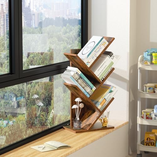 SHEEPAM Small Tree Book Shelf,5 Tier Bookshelf, Wood Desktop Bookcase - Image 5