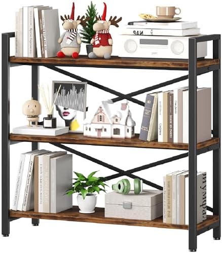 3 Tier Bookshelf 31.49" Width, Wood and Metal Etagere Bookcase, Vintage Farmhouse Modern Wooden Big Book Shelf for Home Living Room Bedroom Office Storage(Rustic Brown) by Homeiju