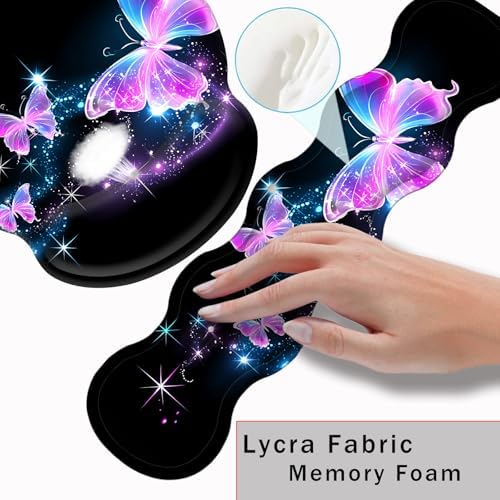 Mouse Pad,Large Pink Desk Mat, 4in1 XXL Mousepad + Keyboard Wrist Rest+Mouse Wrist Rest+Coaster Set with Ergonomic Desk Pad for Home Office Table Computer-Glowing Night Pink Butterflies - Image 5