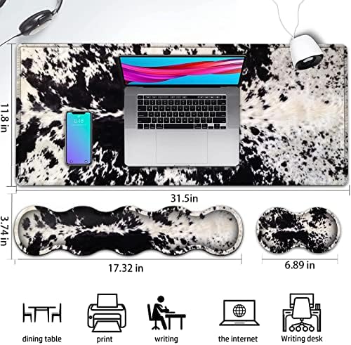 Gaming Mouse Pad and Keyboard Wrist Rest, Large Extended Mouse Pad 31.5X 11.8,Ergonomic Memory Foam Wrist Rest Support+Desk Mat Protector,for Office/Home Writing Pad, Black & White Cow Hair Mousepad - Image 2