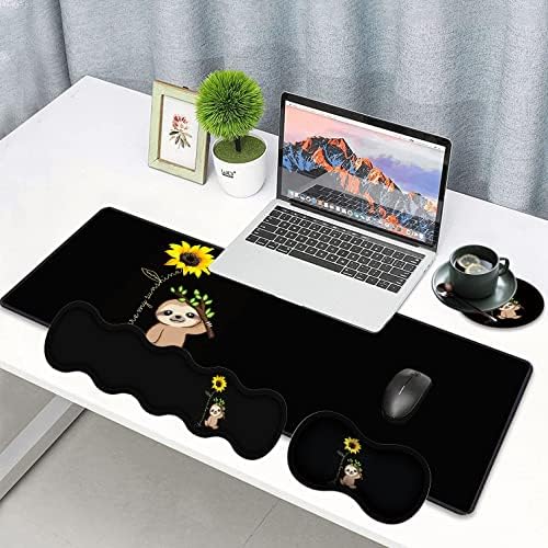 Large Gaming Mouse Pad, Keyboard Wrist Rest pad + Mouse Wrist pad + Coaster Set Extended Waterproof Non-Slip Table mat Suitable for Home Office Learning Games - Sunflower and Sloth - Image 2