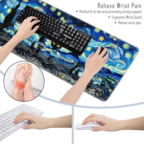 TGFEWYTJYJ Extended Gaming Mouse Pad,Memory Foam Ergonomic Keyboard Mouse Wrist Rest Support Set,Large Desk Mat with Stitched Edges,Non-Slip Base Mousepad Home Office,Starry Night Cat - Image 6