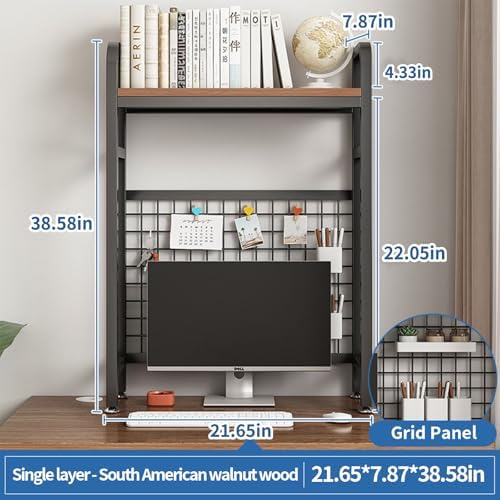 Desk Shelf Bookcase 1-Tier Metal Desktop Bookshelf Hutch with Grid Panel and DIY design possible Multipurpose Storage Organizer Display Rack for Dorm Office Home Computer Desk(Black 21.7"×7.9"×38.6") - Image 3