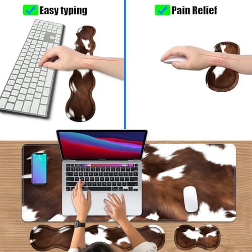 4 in 1 Ergonomic Keyboard Wrist Rest & Mouse Pad Wrist Rest Set, Large XXL Gaming Desk Mat 31.5"x 11.8" with Non-Slip Base, Memory Foam for Home Office Study Gaming, Brown Black Cow Print - Image 6