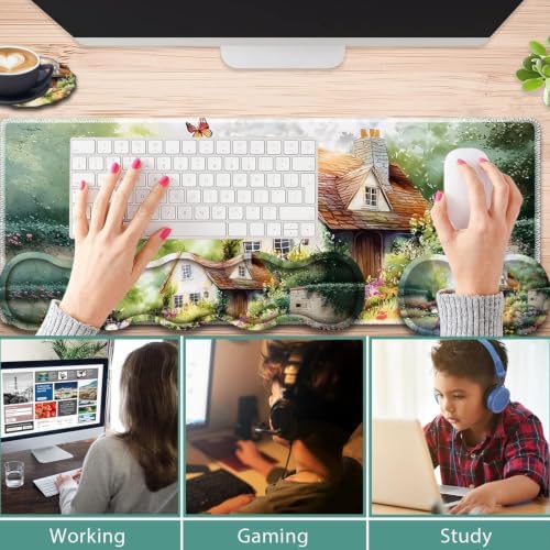 31.5"x 11.8" Oversized Gaming Mouse Pad Set, Ergonomic Keyboard and Mouse Wrist Rest + Cup Holder, Non-Slip Desktop Pad, Suitable for Home and Office Use, Farmhouse Cottage Garden - Image 3