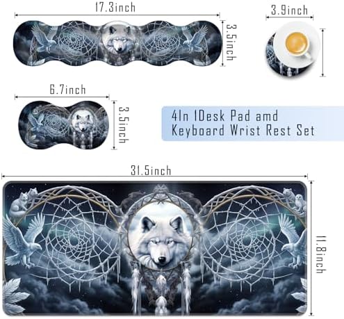 TGFEWYTJYJ Extended Gaming Mouse Pad,Memory Foam Ergonomic Keyboard Mouse Wrist Rest Support Set,Large Desk Mat with Stitched Edges,Non-Slip Base Mousepad Home Office,Dreamcatcher Wolf - Image 2