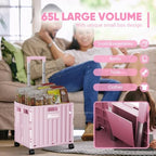 Folding Utility Cart with Lid, Portable Rolling Crate Handcart Collapsible Shopping Trolley, Durable Plastic Foldable Tool Basket with 4 Rotate Wheels for Grocery, Office, Luggage, School - Pink - Image 2